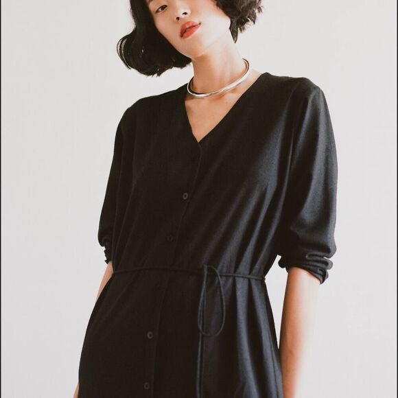 Ozma Mal Pais Duster Dress Size Large Black Raw Silk Cupro Button Front Belted - Picture 2 of 14